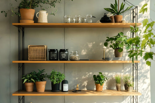 Floating wooden shelves styled with potted plants in natural light