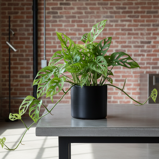 Potted plant on a table with a brick wall background